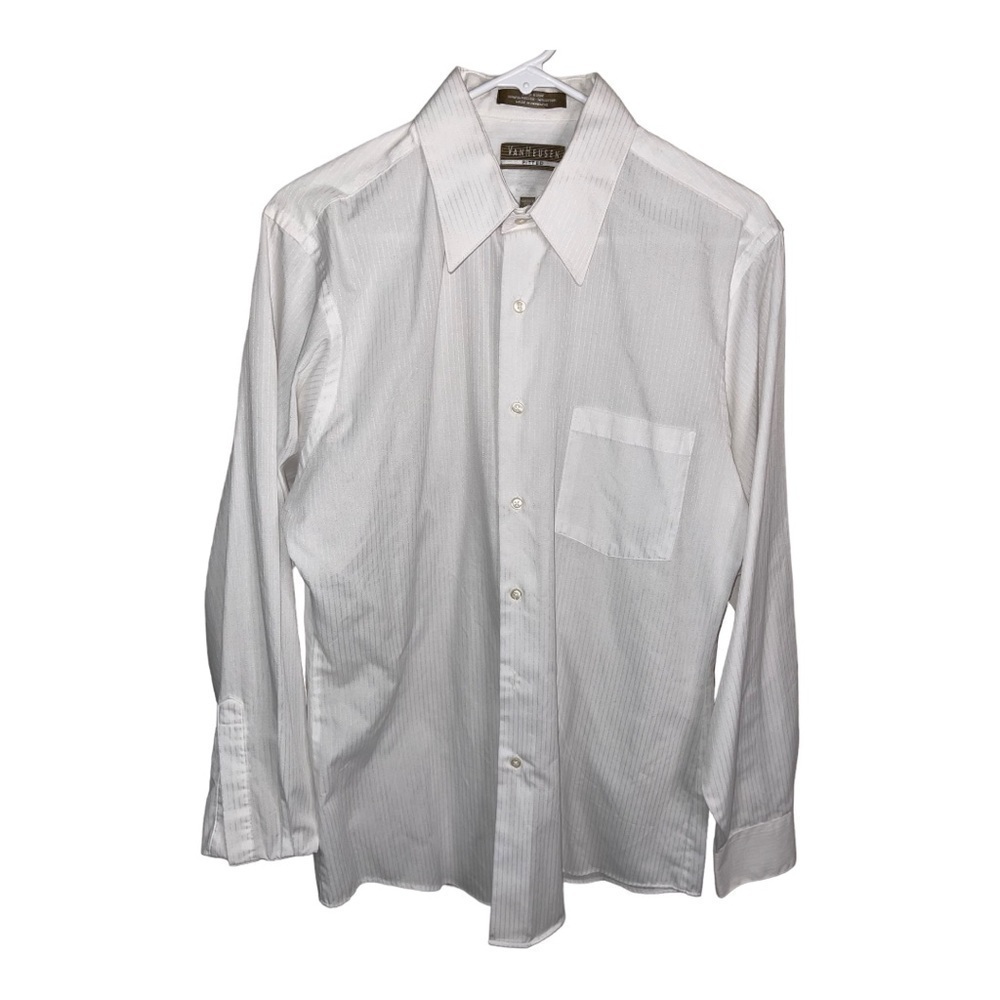 𝅺VAN HEUSEN FITTED SATIN STRIPE WRINKLE FREE L/S DRESS SHIRT SIZE 15.5/34-35